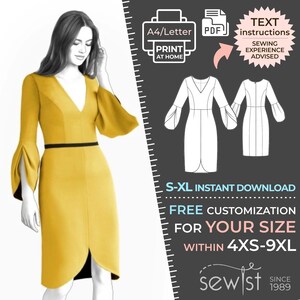 Könnte beinhalten: Ein digitales Schnittmuster für ein gelbes Kleid mit V-Ausschnitt und Glockenärmeln. Das Schnittmuster ist zum Download in den Größen S-XL erhältlich und kann für die Größen 4XS-9XL angepasst werden. Das Schnittmuster enthält schriftliche Anweisungen und wird für Näherinnen mit Erfahrung empfohlen.