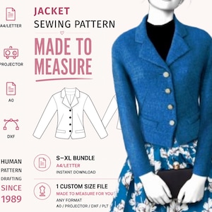May include: A blue jacket sewing pattern featuring a technical line drawing and a photograph of a blue jacket with buttons. Text includes JACKET SEWING PATTERN, MADE TO MEASURE, A4/LETTER, PROJECTOR, A0, DXF, HUMAN PATTERN DRAFTING SINCE 1989, S-XL BUNDLE, and 1 CUSTOM SIZE FILE.