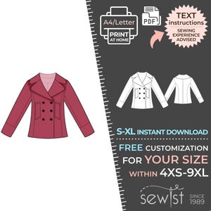 May include: Digital sewing pattern for a double-breasted jacket in a deep red colour. The image includes front and back views of the jacket, plus text instructions and size customisation options. Sewing experience advised.