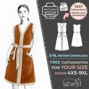 Puede incluir: Un patrón de costura imprimible para un vestido sin mangas con escote en V, bolsillos y cinturón. El patrón está disponible en tallas S-XL y se puede personalizar para tallas 4XS-9XL. El patrón incluye instrucciones de texto y es un proyecto de costura avanzado.