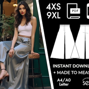 Könnte beinhalten: Ein digitales Schnittmuster für eine weite Hose mit Schlitz vorne. Das Schnittmuster ist in den Größen 4XS bis 9XL erhältlich und kann sofort heruntergeladen werden. Das Schnittmuster ist auch in A4/A0-Format erhältlich. Das Schnittmuster ist maßgeschneidert.