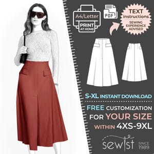 May include: A digital sewing pattern featuring a red skirt design, with a model wearing the skirt. The image includes a diagram of the skirt, along with text that reads "A4/Letter PRINT AT HOME PDF TEXT instructions SEWING EXPERIENCE ADVISED S-XL INSTANT DOWNLOAD FREE CUSTOMIZATION FOR YOUR SIZE WITHIN 4XS-9XL sewist SINCE 1989".