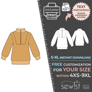 May include: A digital sewing pattern for a pullover with a zip neck. The image shows a tan garment and a white outline of the pattern. Text includes "S-XL Instant Download" and "Free Customisation for Your Size Within 4XS-9XL."