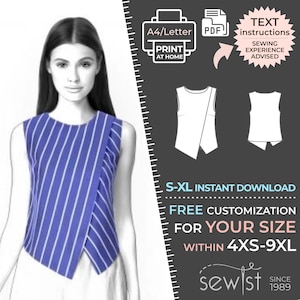 Op de afbeelding: Een digitaal naaipatroon voor een top zonder mouwen met een diagonaal voorpaneel. Het patroon is verkrijgbaar in de maten XS-9XL en is een directe download. Het patroon bevat tekstuele instructies en vereist naai-ervaring.
