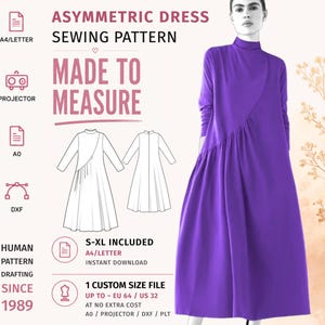 May include: An asymmetric dress sewing pattern featuring a purple long-sleeve dress with a high neckline. The graphic includes technical line drawings, text stating ASYMMETRIC DRESS SEWING PATTERN, MADE TO MEASURE, S-XL INCLUDED, and 1 CUSTOM SIZE FILE.