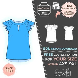 May include: A digital sewing pattern for a bright blue blouse with flutter sleeves and a keyhole neckline. The graphic includes technical line drawings of the front and back, text indicating A4/Letter PDF format, S-XL sizing, and 4XS-9XL customization.