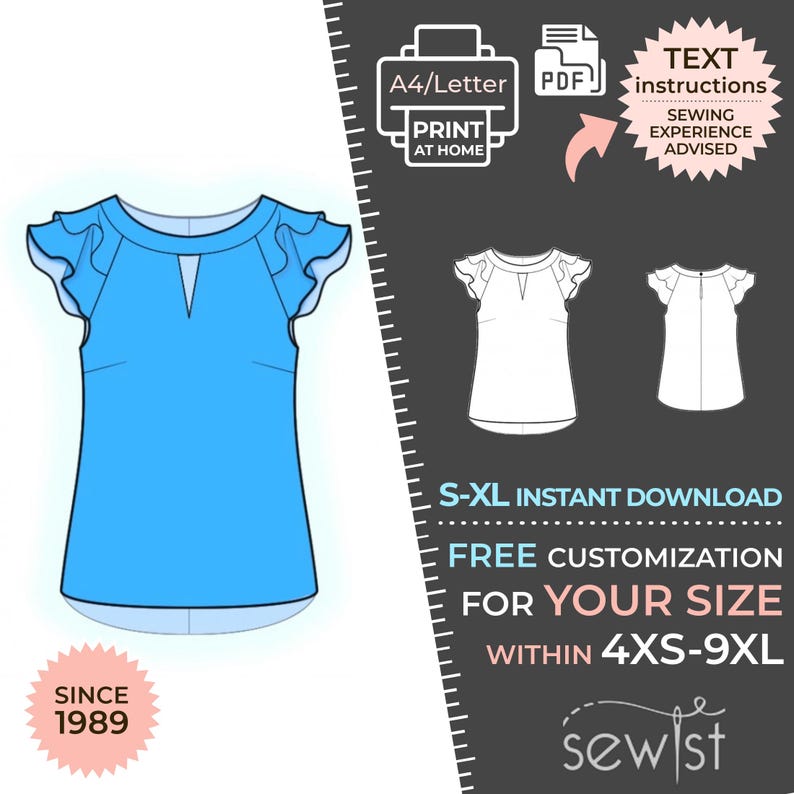 May include: A digital sewing pattern for a bright blue blouse with flutter sleeves and a keyhole neckline. The graphic includes technical line drawings of the front and back, text indicating A4/Letter PDF format, S-XL sizing, and 4XS-9XL customization.