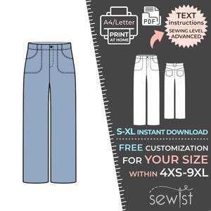 2080 Jeans Pants Sewing Pattern PDF - S-M-L-XL or Made to Measure Sewing Pattern PDF Download Royalty Free for Personal, Commercial Use