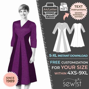 Könnte beinhalten: Ein druckbares Schnittmuster für ein violettes Kleid mit V-Ausschnitt und 3/4-Ärmeln. Das Schnittmuster ist in den Größen S-XL erhältlich und kann für die Größen 4XS-9XL angepasst werden. Das Schnittmuster ist als sofortiger Download verfügbar und enthält Textanweisungen. Näherfahrung wird empfohlen.