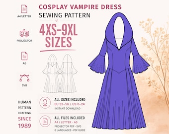 May include: A digital sewing pattern for a purple vampire dress with a hood and flared sleeves. The graphic displays the text COSPLAY VAMPIRE DRESS SEWING PATTERN, 4XS-9XL SIZES, and includes technical line drawings, file format icons, and size range information.
