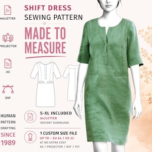 May include: A digital sewing pattern for a green shift dress with a notched neckline and short sleeves. The graphic includes text: SHIFT DRESS SEWING PATTERN, MADE TO MEASURE, S-XL INCLUDED, A4/LETTER, PROJECTOR, A0, DXF, HUMAN PATTERN DRAFTING SINCE 1989.