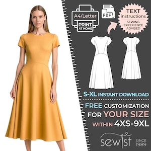 Könnte beinhalten: Ein senfgelbes Midikleid mit kurzen Ärmeln und einem ausgestellten Rock. Das Bild enthält ein Schnittmuster für das Kleid mit dem Text "S-XL Sofort-Download" und "Kostenlose Anpassung für Ihre Größe innerhalb 4XS-9XL".
