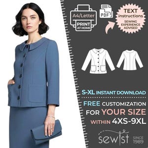 2077 Jacket With Shortened Sleeve - Women Sewing Pattern PDF - S,M,L,XL /Custom Size - Wedding, Prom, Office, Plus Sizes Petite-Tall