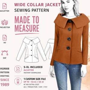 Puede incluir: Un patrón de costura para chaqueta de cuello ancho, que muestra una chaqueta marrón con tres botones negros, un cuello grande doblado y mangas largas. El texto incluye: WIDE COLLAR JACKET SEWING PATTERN, MADE TO MEASURE, S-XL INCLUDED, A4/LETTER, A0, PROJECTOR, DXF, HUMAN PATTERN DRAFTING SINCE 1989, TEXT ONLY GUIDE, SEWING SKILLS ADVISED, 1 CUSTOM SIZE FILE UP TO EU 64 / US 32.