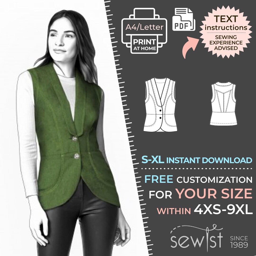 2396 Denim Vest Sewing Pattern PDF Download, S-M-L-XL or Free Made to ...