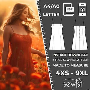 Könnte beinhalten: Ein digitales Schnittmuster für ein schlichtes, ärmelloses Kleid. Das Schnittmuster ist in den Größen 4XS bis 9XL erhältlich und kann auf Papier im Format A4, A0 oder Letter gedruckt werden. Das Schnittmuster enthält Anweisungen zum Nähen des Kleides.  "INSTANT DOWNLOAD + FREE SEWING PATTERN MADE TO MEASURE 4XS - 9XL sewist"