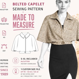 May include: A digital sewing pattern for a belted capelet featuring text that reads Belted Capelet Sewing Pattern, Made to Measure, S-XL Included, and Human Pattern Drafting Since 1989. The image displays a technical line drawing of the capelet.
