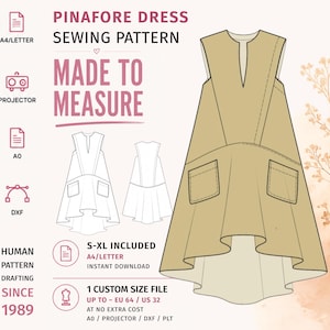 May include: A beige pinafore dress sewing pattern featuring a high-low hemline, a V-neckline, and two front patch pockets. The graphic includes text reading PINAFORE DRESS SEWING PATTERN, MADE TO MEASURE, S-XL INCLUDED, and 1 CUSTOM SIZE FILE.