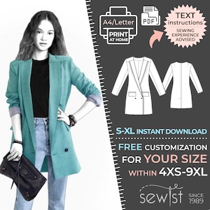 May include: A digital sewing pattern for a teal blazer with a double-breasted closure. The pattern is available in sizes XS-9XL and includes instructions for sewing. The pattern is available for instant download. "TEXT instructions SEWING EXPERIENCE ADVISED" is written on a red starburst.