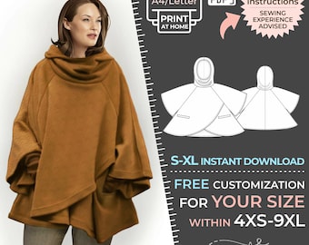 5798 - Poncho con capucha - Patrón de costura en PDF (S-M-L-XL) + Personalización a medida gratuita para uso personal o comercial