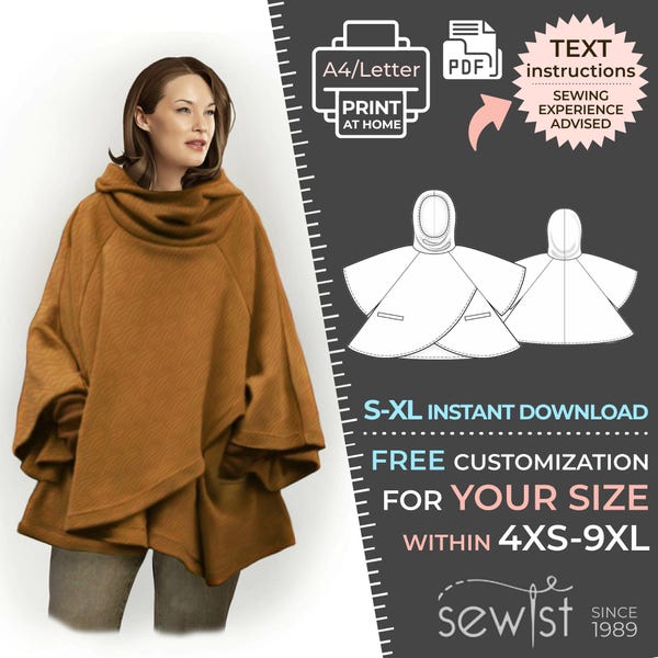 5798 - Poncho con capucha - Patrón de costura en PDF (S-M-L-XL) + Personalización a medida gratuita para uso personal o comercial