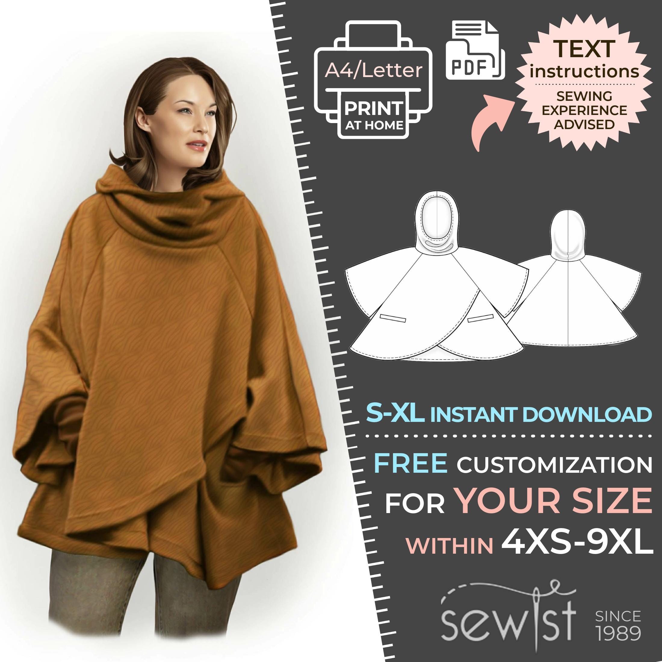 5798 - Poncho with Hood - Sewing Pattern PDF Download, S-M-L-XL + Free Made to Measure Personalization, Personal or Commercial Use