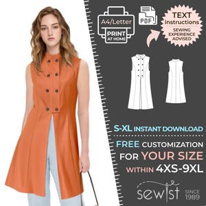 May include: An orange sleeveless top with a double-breasted button closure, paired with light blue trousers. The image includes sewing pattern diagrams and text that reads "A4/Letter PRINT AT HOME PDF TEXT instructions SEWING EXPERIENCE ADVISED S-XL INSTANT DOWNLOAD FREE CUSTOMIZATION FOR YOUR SIZE WITHIN 4XS-9XL sewist"