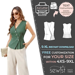 May include: A green sleeveless top with a pleated design and button closure. The image also includes a sewing pattern with text instructions and the words "S-XL Instant Download" and "Free Customization For Your Size Within 4XS-9XL".
