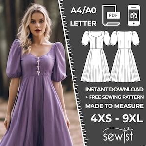 Puede incluir: Un patrón de costura digital para un vestido a rayas moradas y blancas con escote de corazón y mangas abullonadas. El patrón está disponible en tallas 4XS a 9XL e incluye instrucciones para hacer el vestido. El patrón está disponible para descargar instantáneamente en formato PDF. El texto "A4/A0 LETTER" y "sewist" también es visible en la imagen.