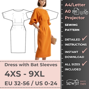 Puede incluir: Un vestido naranja con mangas de murciélago, cintura entallada y falda lápiz. La imagen incluye un patrón de costura con instrucciones detalladas y descarga instantánea. Tallas de 4XS a 9XL, EU 32-56 / US 0-24. El texto dice "Dress with Bat Sleeves".