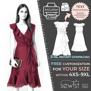 May include: A digital sewing pattern for a wrap dress with a ruffled neckline and skirt. The pattern is available in sizes S-XL and can be customized for sizes 4XS-9XL. The pattern is available for instant download and includes text instructions. Sewing experience is advised.