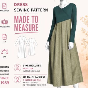 May include: A sewing pattern for a long-sleeved dress with a dark green bodice and a textured light brown skirt. The image includes text: DRESS SEWING PATTERN, MADE TO MEASURE, HUMAN PATTERN DRAFTING SINCE 1989, S-XL INCLUDED, and UP TO EU 64/US 32.