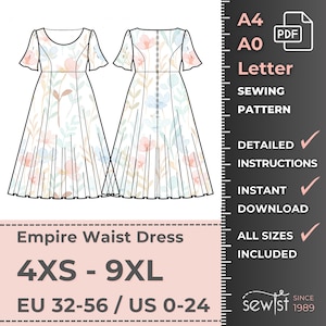 Vestido Patrón de Costura, Tallas 4XS-9XL, Descarga Instantánea – Patrón PDF Imprimible A4/Letter y A0