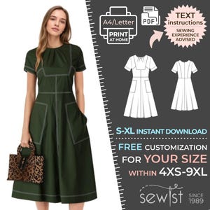 Op de afbeelding: Een vrouw draagt een donkergroene jurk met witte stiksels en zakken, met een tas met luipaardprint. De afbeelding bevat naaipatroondiagrammen en tekst: "A4/Letter Print at Home", "PDF", "Text Instructions", "Sewing Experience Advised", "S-XL Instant Download", "Free Customization".
