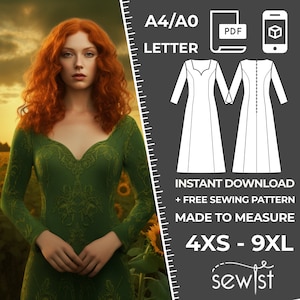 Könnte beinhalten: Eine Frau mit roten Haaren trägt ein grünes Kleid mit floralem Muster. Das Bild enthält ein Schnittmusterdiagramm und den Text "A4/A0 Letter", "Instant Download + Free Sewing Pattern Made to Measure" und "4XS - 9XL".