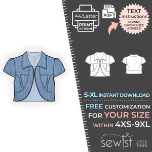 2399 Denim Bolero Sewing Pattern PDF Download, S-M-L-XL or Free Made to Measure Personalization, Royalty Free Personal or Commercial Use
