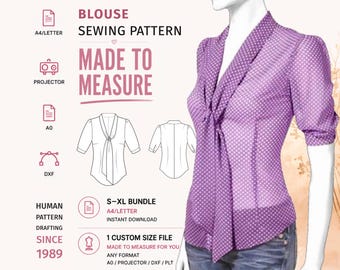 Scarf Collar Blouse Pattern · Tie Neck Top · S–XL + Custom Size