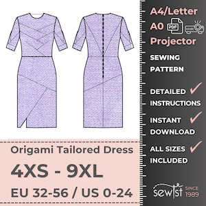May include: A sewing pattern for an Origami Tailored Dress in a light purple fabric, shown from the front and back. The pattern includes sizes 4XS to 9XL, and is available for instant download. The text on the image says "A4/Letter, AO, PDF, Projector, Sewing Pattern, Detailed Instructions, Instant Download, All Sizes Included."