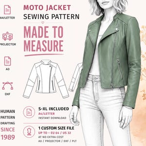 Peut inclure: Un patron de couture pour veste moto avec le texte MOTO JACKET SEWING PATTERN, MADE TO MEASURE, S-XL INCLUDED et 1 CUSTOM SIZE FILE UP TO EU 64. L'image montre un dessin technique et une illustration de veste de couleur verte.