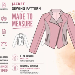 Puede incluir: Un patrón de costura digital para una chaqueta con un esquema de colores rosa y gris claro, cremallera frontal asimétrica, mangas largas y cuello. El texto incluye JACKET SEWING PATTERN, MADE TO MEASURE, S-XL BUNDLE y HUMAN PATTERN DRAFTING SINCE 1989.