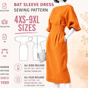 Könnte beinhalten: Ein digitales Schnittmuster für ein Kleid mit Fledermausärmeln in den Größen 4XS-9XL. Die Grafik zeigt den Text BAT SLEEVE DRESS SEWING PATTERN, 4XS-9XL SIZES und HUMAN PATTERN DRAFTING SINCE 1989. Enthält A4/LETTER, A0 und SVG-Dateiformate.