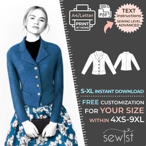 May include: A blue blazer sewing pattern with a white background. The pattern includes instructions for sizes S-XL and 4XS-9XL. The pattern is available for instant download and includes free customization. The text "TEXT instructions SEWING LEVEL ADVANCED" is also included in the image.