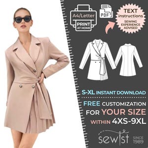Könnte beinhalten: Ein druckbares Schnittmuster für ein doppelreihiges Wickelkleid mit einem Faltenrock. Das Schnittmuster ist in den Größen S-XL erhältlich und kann für die Größen 4XS-9XL angepasst werden. Das Schnittmuster steht zum sofortigen Download bereit und enthält schriftliche Anweisungen. Näherfahrung wird empfohlen.
