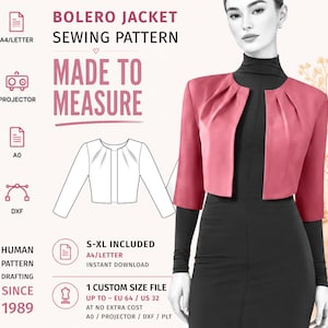 May include: A sewing pattern for a bolero jacket featuring a pink cropped jacket with three-quarter sleeves and pleated shoulders. The graphic includes text: BOLERO JACKET SEWING PATTERN, MADE TO MEASURE, S-XL INCLUDED, and 1 CUSTOM SIZE FILE.