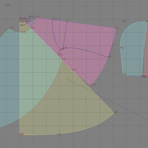 May include: A digital sewing pattern layout featuring various garment pieces in blue, pink, and yellow, overlaid on a gray grid background. The pattern includes curved and angular shapes with small alphanumeric labels and thin black lines.
