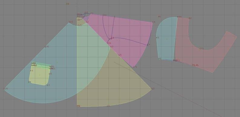 May include: A digital sewing pattern layout featuring various garment pieces in blue, pink, and yellow, overlaid on a gray grid background. The pattern includes curved and angular shapes with small alphanumeric labels and thin black lines.