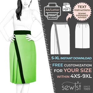 May include: A digital sewing pattern for a green and black skirt. The pattern is available for download in sizes S-XL and can be customised for sizes 4XS-9XL. The pattern includes text instructions and requires sewing experience.