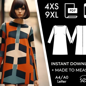 Könnte beinhalten: Ein digitales Schnittmuster für ein schlichtes, langärmeliges Kleid mit geometrischem Muster. Das Schnittmuster ist in den Größen 4XS bis 9XL erhältlich und kann sofort heruntergeladen werden. Das Schnittmuster ist auch in den Formaten A4, A0 und Letter erhältlich.