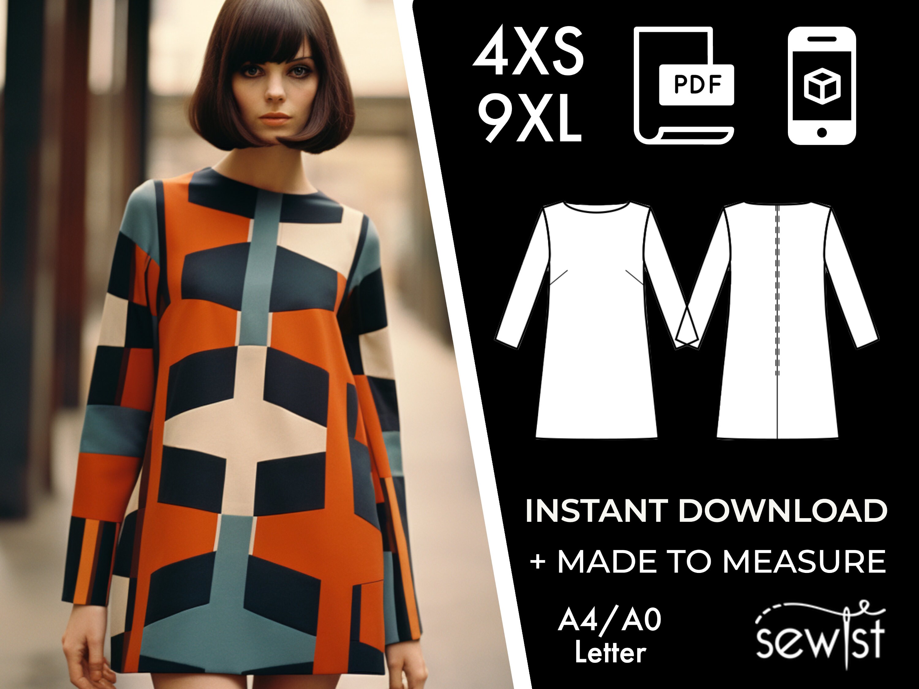 Women's Vintage Dress Sewing Pattern PDF - 4XS-9XL / Custom Size