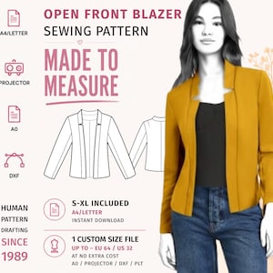 Puede incluir: Un patrón de costura digital para una chaqueta tipo blazer abierta, con texto que incluye OPEN FRONT BLAZER SEWING PATTERN, MADE TO MEASURE y S-XL INCLUDED. La imagen muestra un blazer amarillo mostaza sobre una figura y dibujos técnicos.